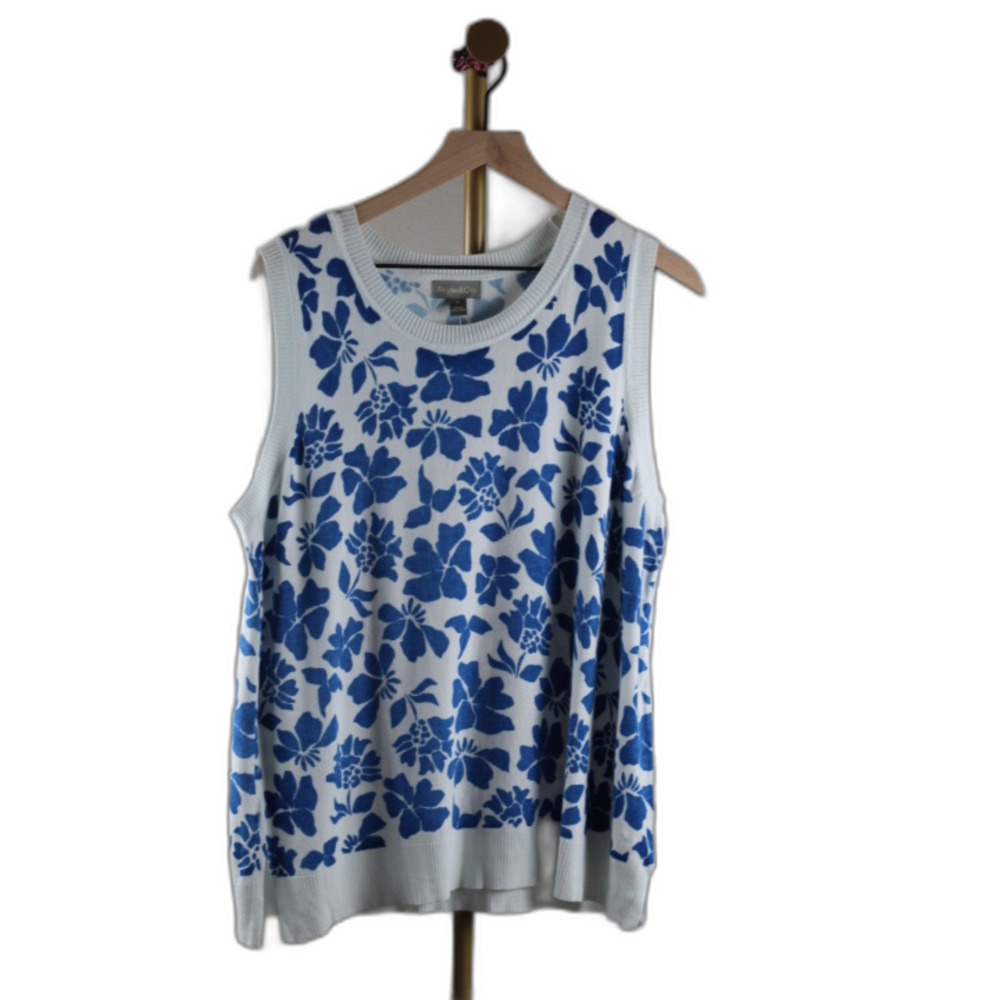 Style & Co Tank Top XL‎ Blue White Floral Sleeveless Lightweight Summer NWT
